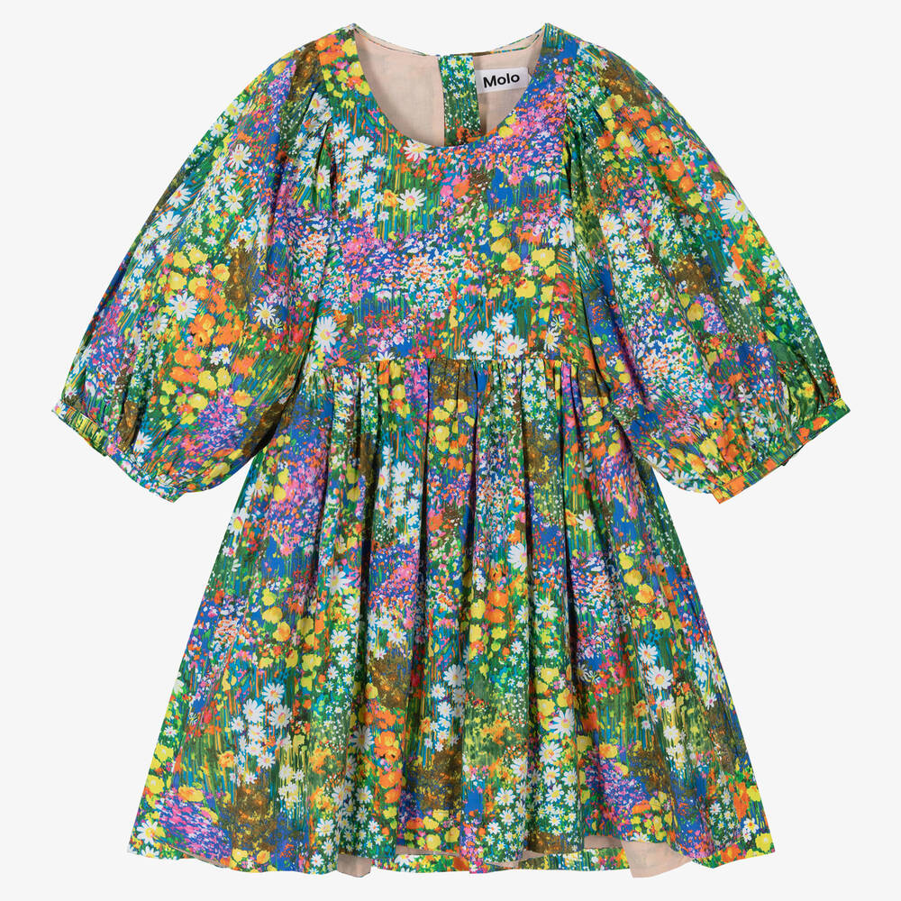 Molo - Robe verte en coton à fleurs fille | Childrensalon
