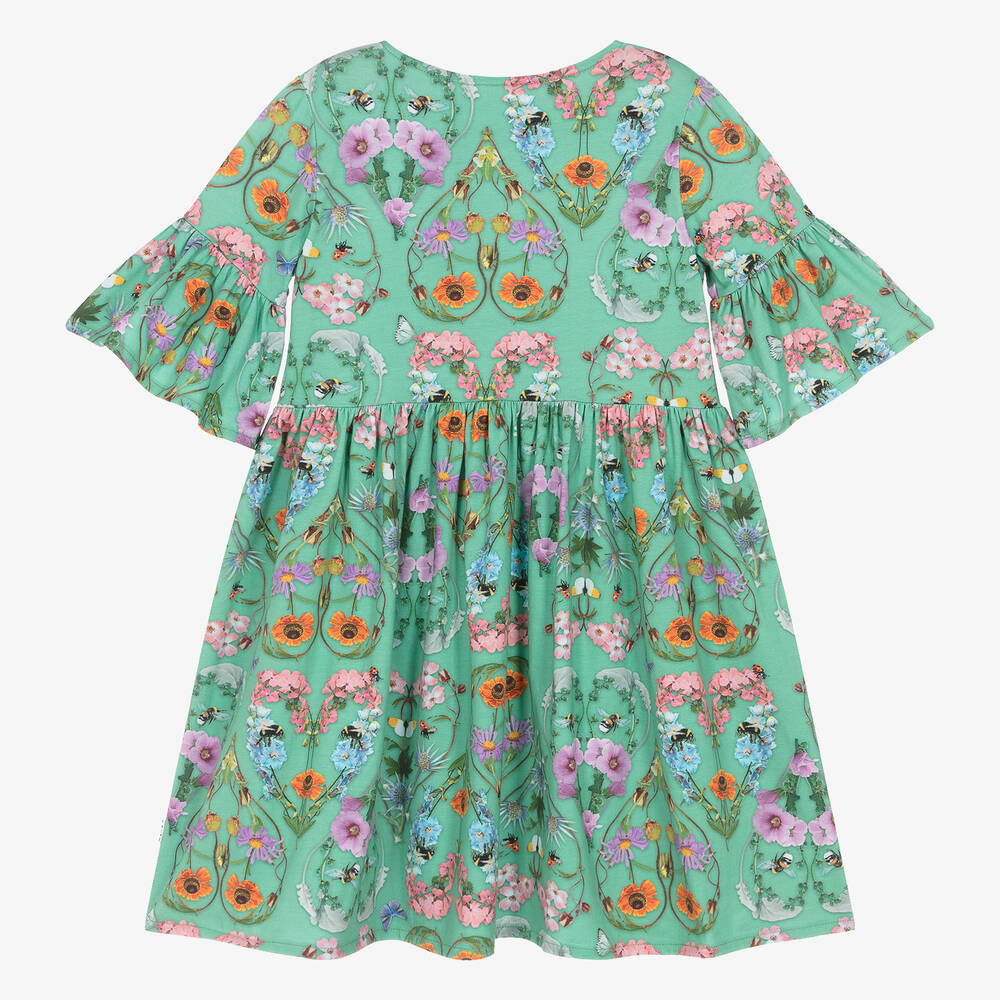 Molo-Girls Green Floral Cotton Jersey Dress | Childrensalon Outlet
