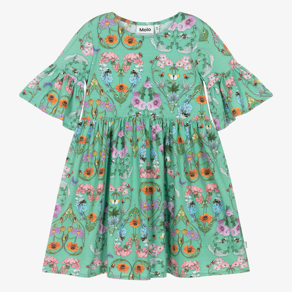 Molo-Girls Green Floral Cotton Jersey Dress | Childrensalon Outlet