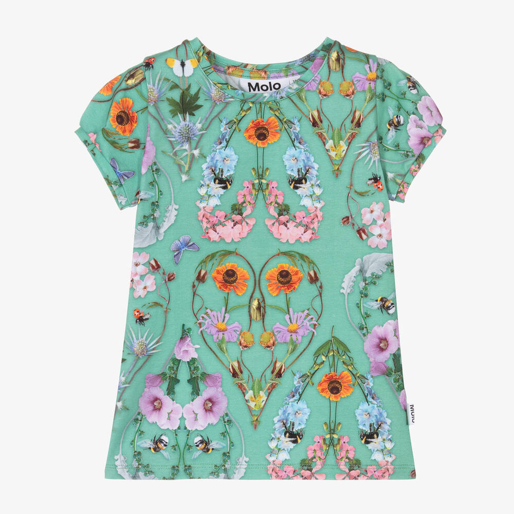 Molo-Girls Green Floral Cotton T-Shirt | Childrensalon Outlet