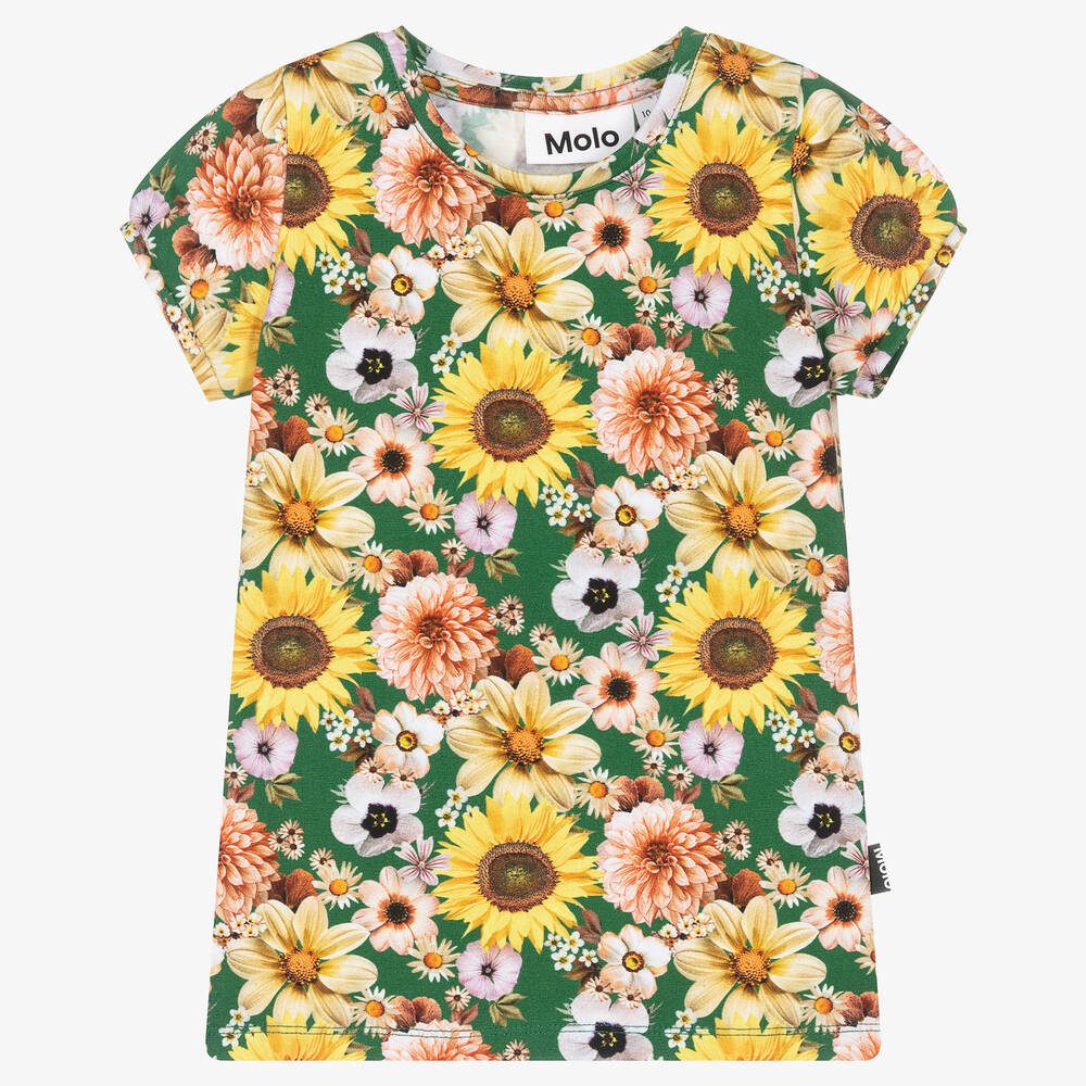 Molo - Girls Green Floral Organic Cotton T-Shirt | Childrensalon