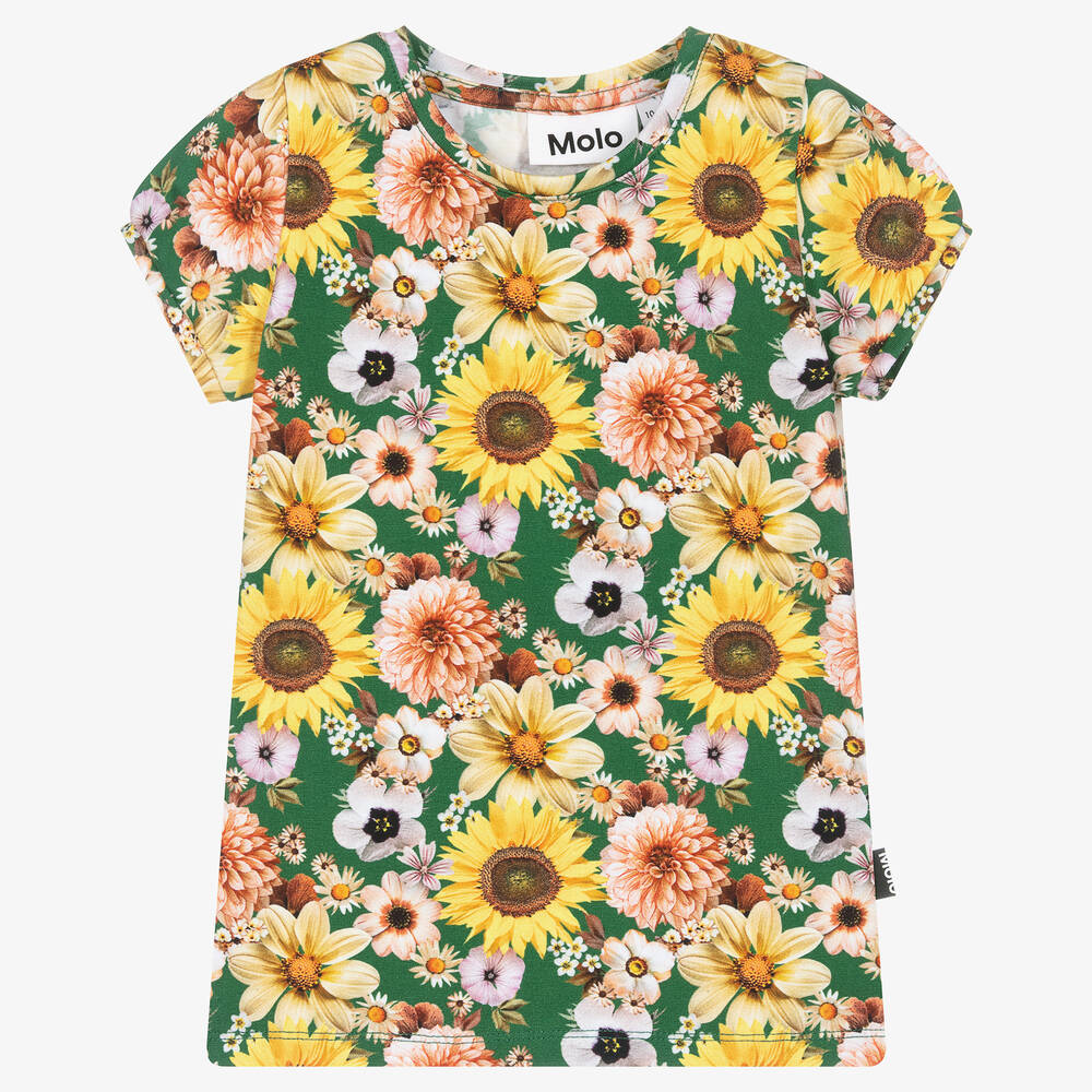 Molo-Girls Green Floral Organic Cotton T-Shirt | Childrensalon Outlet