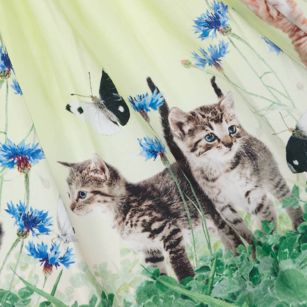 Molo-Girls Green Kitten Organic Cotton Dress | Childrensalon Outlet
