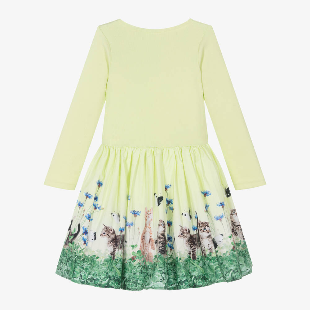 Molo-Girls Green Kitten Organic Cotton Dress | Childrensalon Outlet