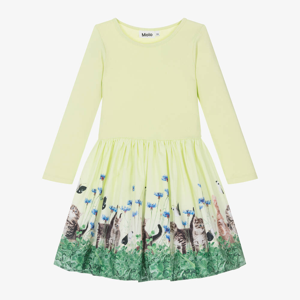 Molo-Girls Green Kitten Organic Cotton Dress | Childrensalon Outlet