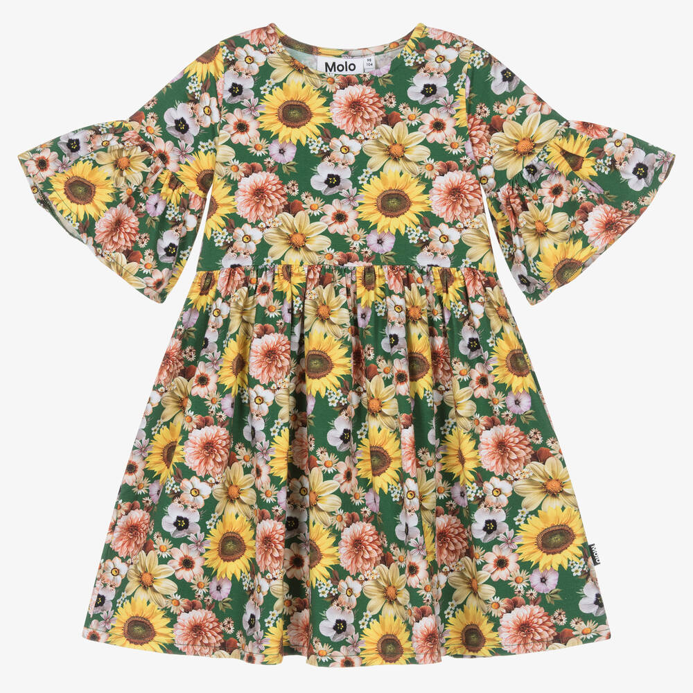 Molo - Girls Green Organic Cotton Floral Dress | Childrensalon