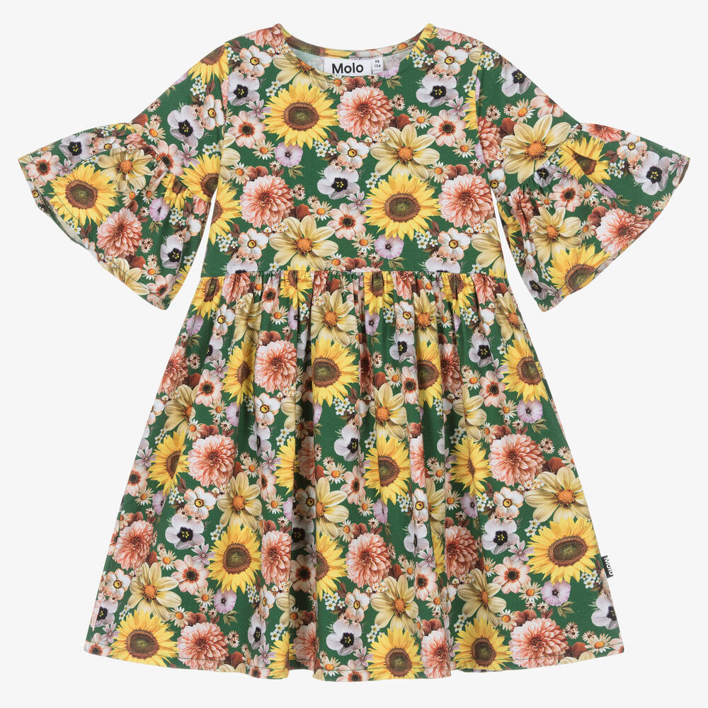 Molo - Robe verte en coton bio à fleurs | Childrensalon