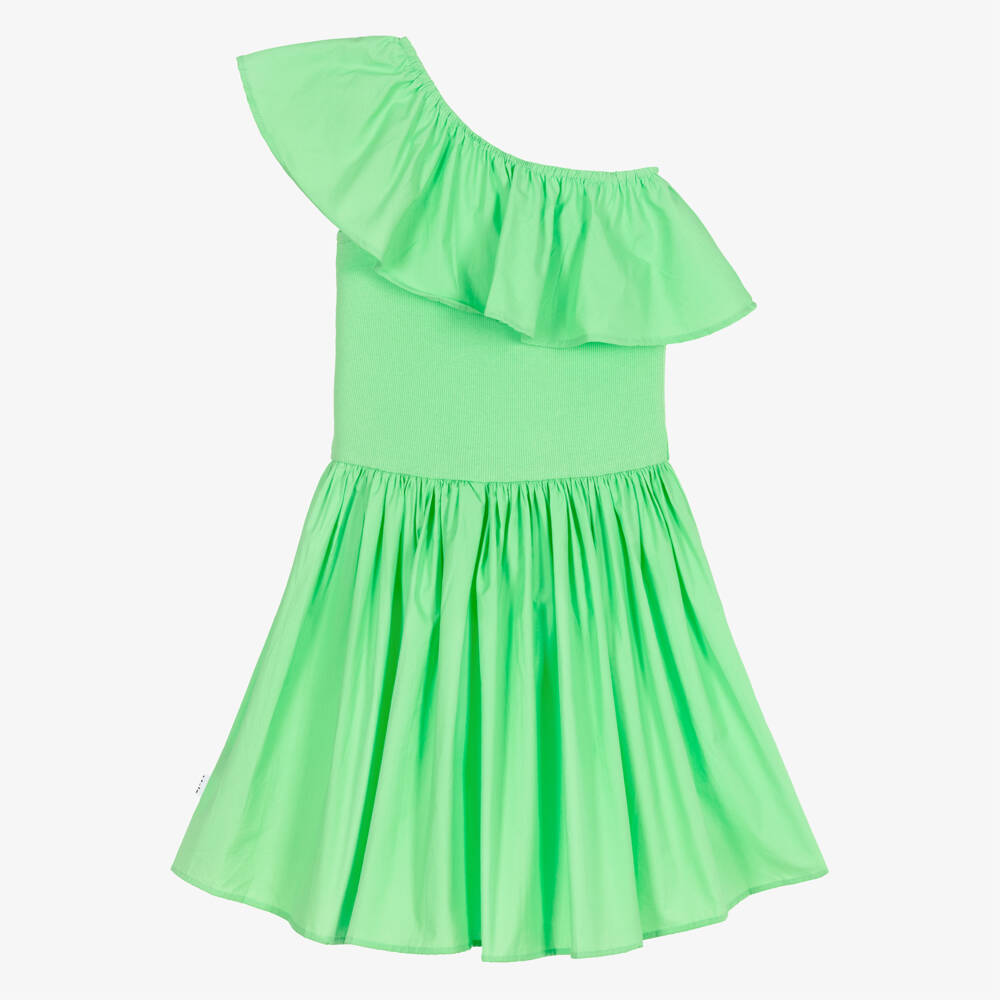 Molo-Girls Green Organic Cotton One Shoulder Ruffle Dress | Childrensalon Outlet