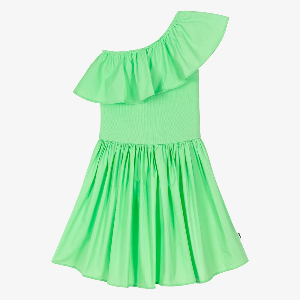 Molo-Girls Green Organic Cotton One Shoulder Ruffle Dress | Childrensalon Outlet