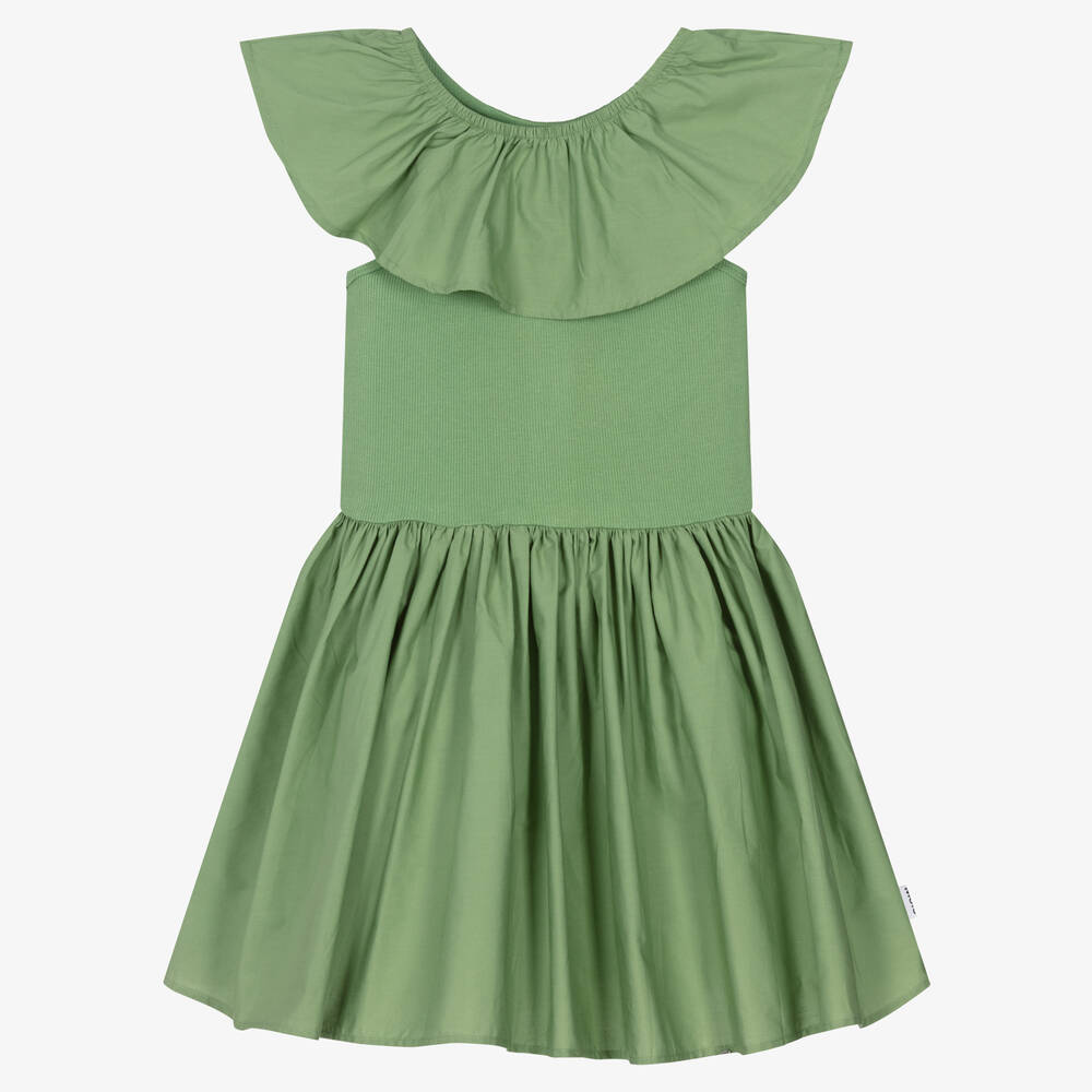 Molo - فستان قطن عضوي مزين بكشكش لون أخضر | Childrensalon