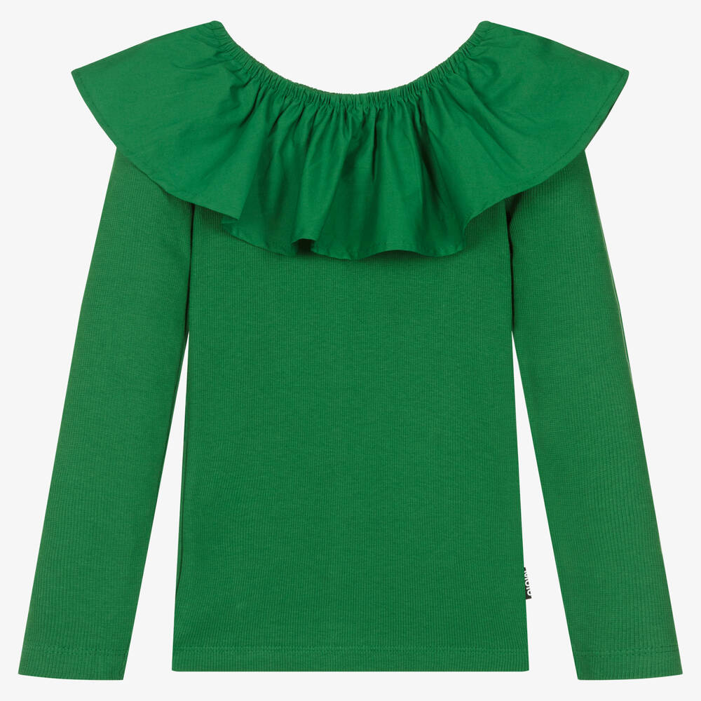 Molo - Girls Green Ribbed Cotton Ruffle Top | Childrensalon