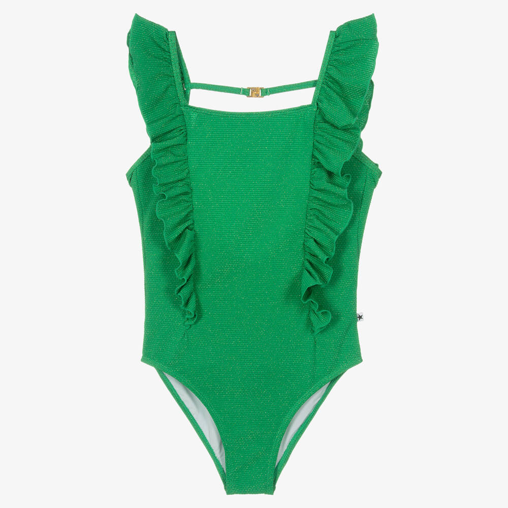 Molo - Girls Green Ruffle Swimsuit (UPF50+) | Childrensalon