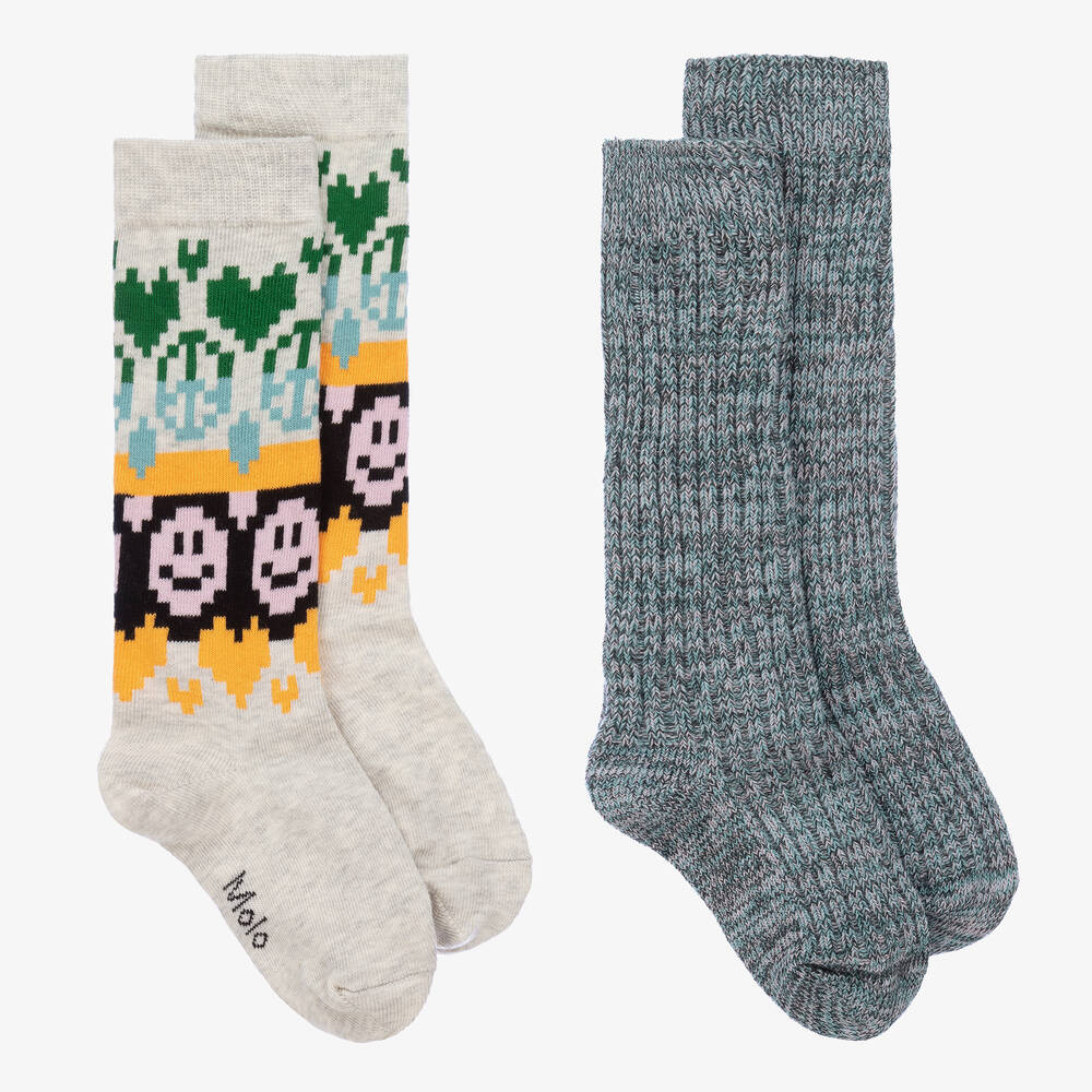 Molo - Girls Grey & Blue Long Socks (2 Pack) | Childrensalon