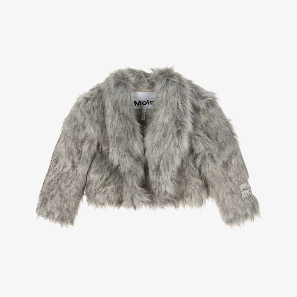 Molo-Girls Grey Faux Fur Jacket | Childrensalon Outlet