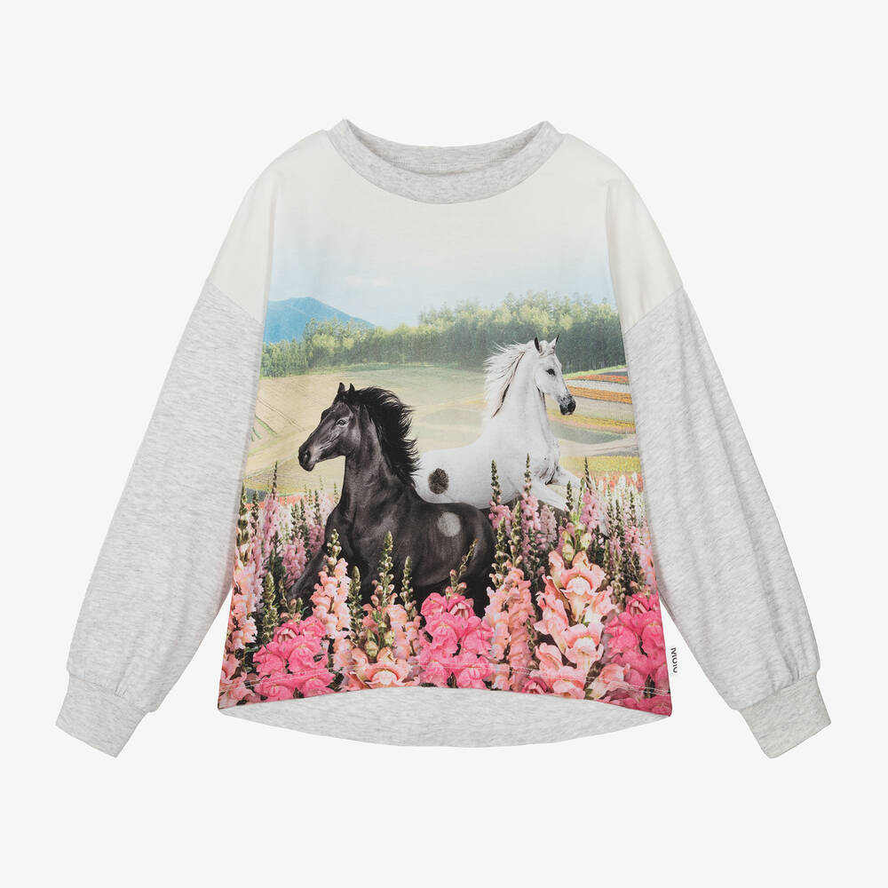 Molo-Girls Grey Marl Cotton Horses Top | Childrensalon Outlet