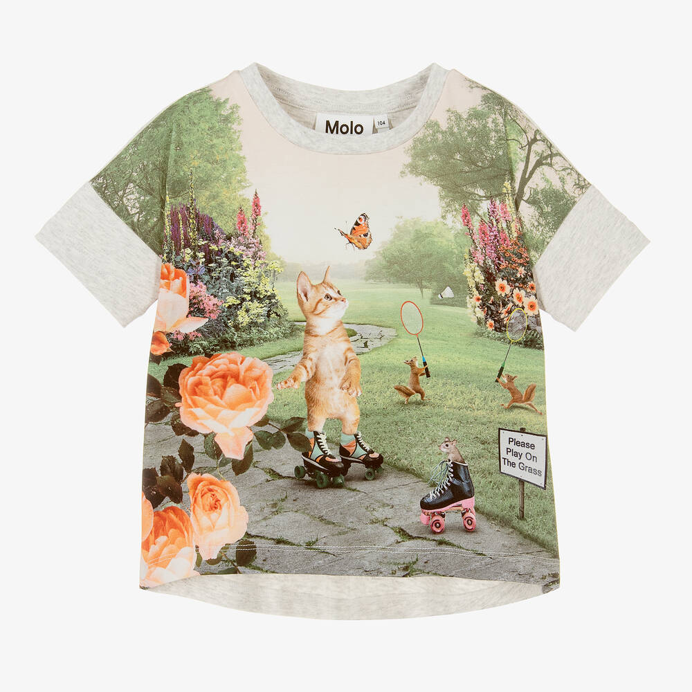 Molo - Серая футболка из меланжевой ткани с котятами | Childrensalon