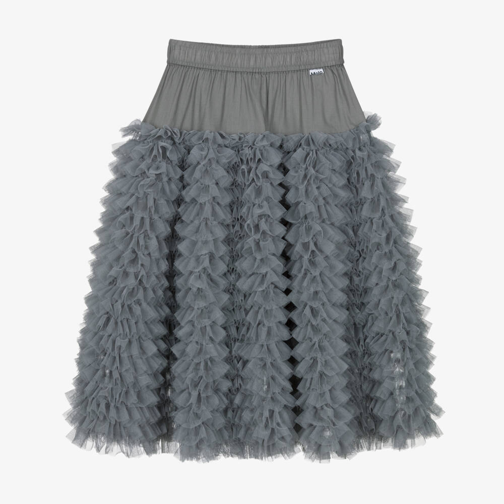 Molo-Girls Grey Tulle Ruffled Midi Skirt | Childrensalon Outlet