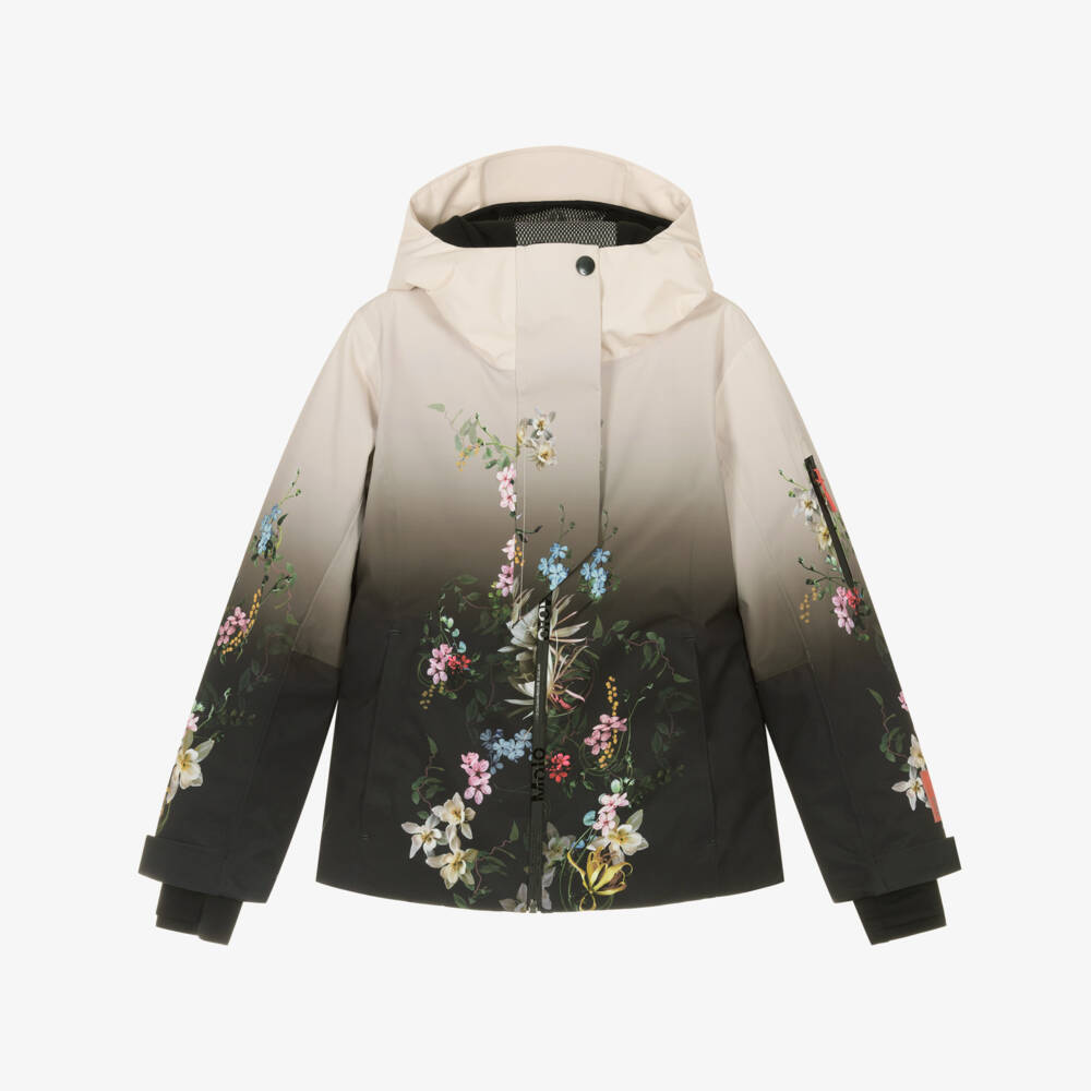 Molo-Girls Ivory & Black Floral Print Technical Ski Jacket | Childrensalon Outlet