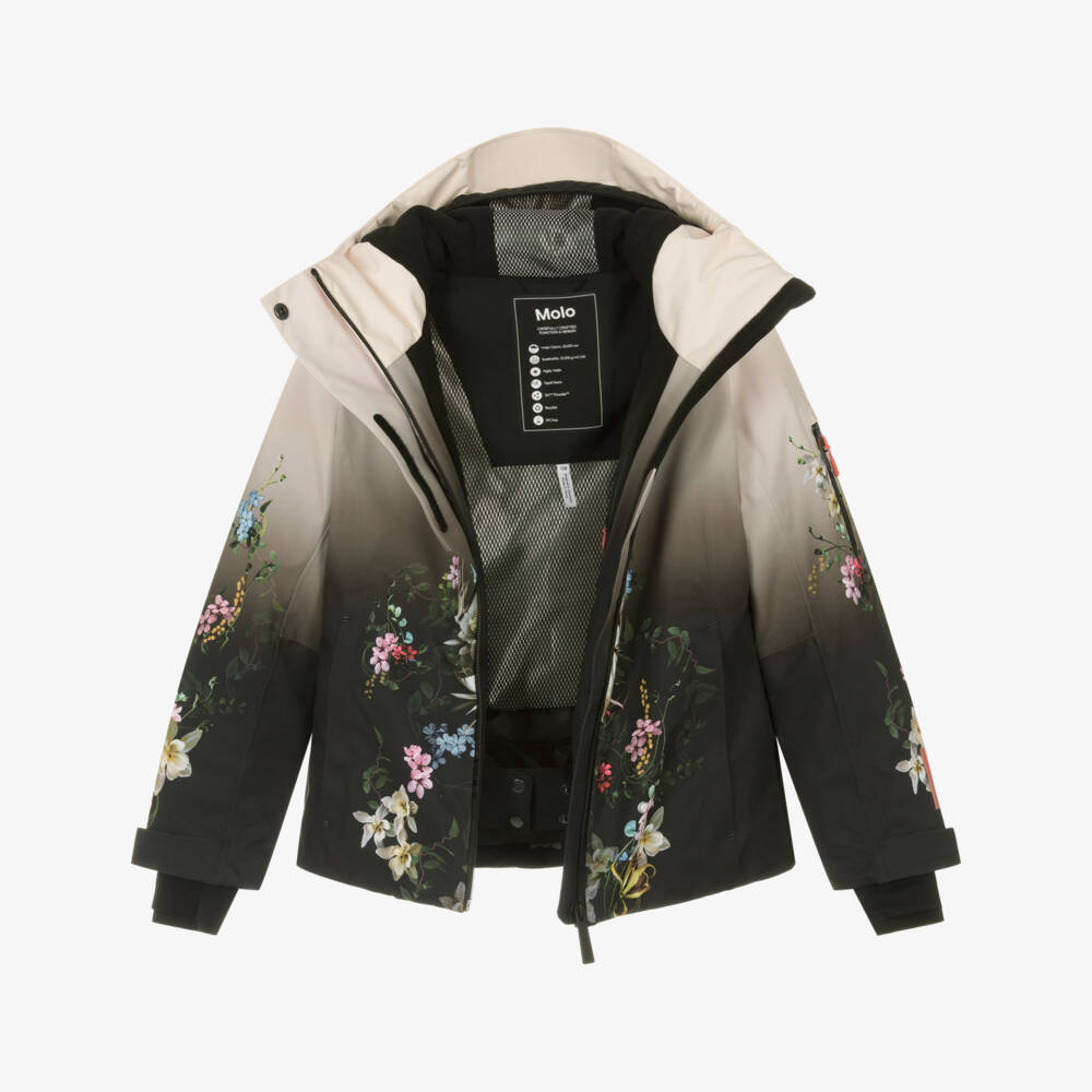 Molo-Girls Ivory & Black Floral Print Technical Ski Jacket | Childrensalon Outlet