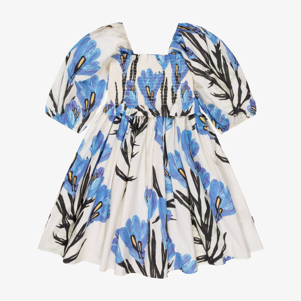 Molo-Girls Ivory & Blue Crocus Print Cotton Dress | Childrensalon Outlet
