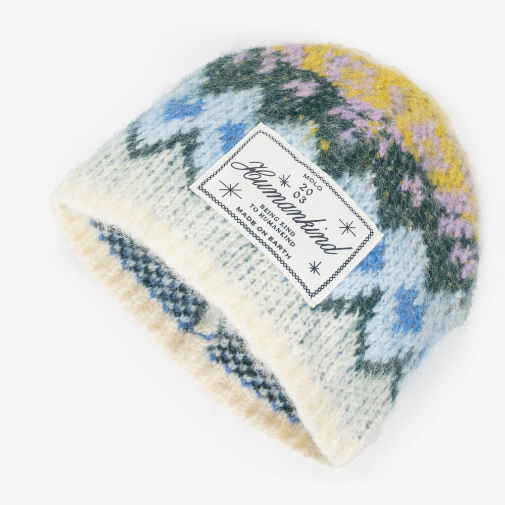 Molo-Girls Ivory & Blue Fair Isle Knit Beanie Hat | Childrensalon Outlet