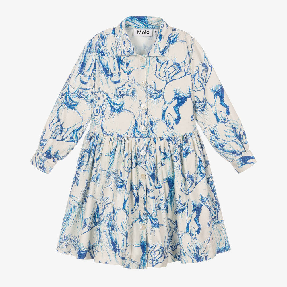 Molo-Girls Ivory & Blue Horses Dress | Childrensalon Outlet