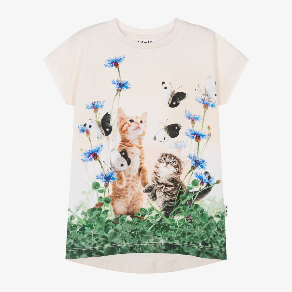 Molo-Кремовая хлопковая футболка с котенком для девочек | Childrensalon Outlet