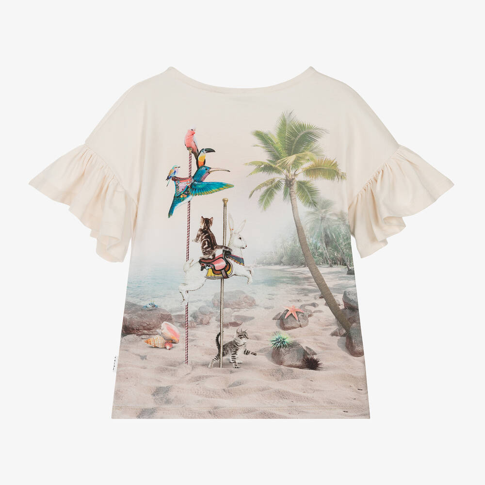 Molo-Girls Ivory Cotton Cat Carousel T-Shirt | Childrensalon Outlet