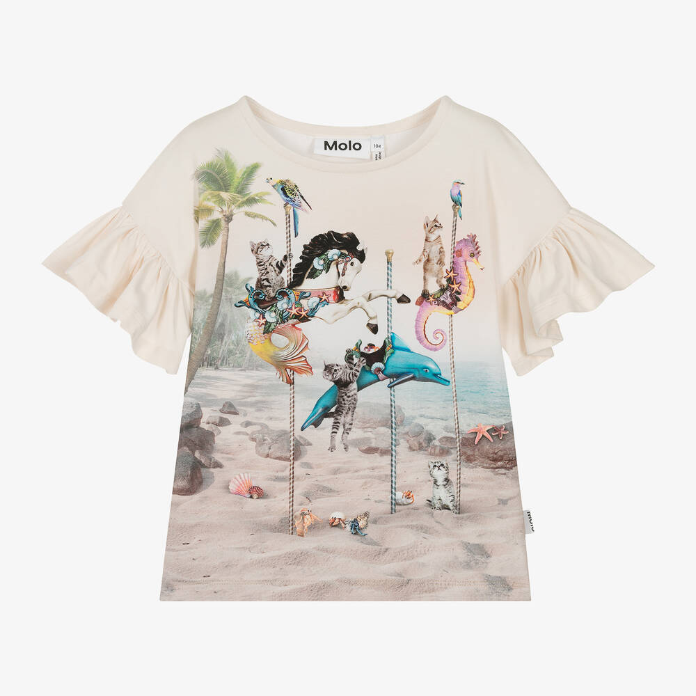 Molo Girls Ivory Cotton Cat Carousel T Shirt Childrensalon Outlet