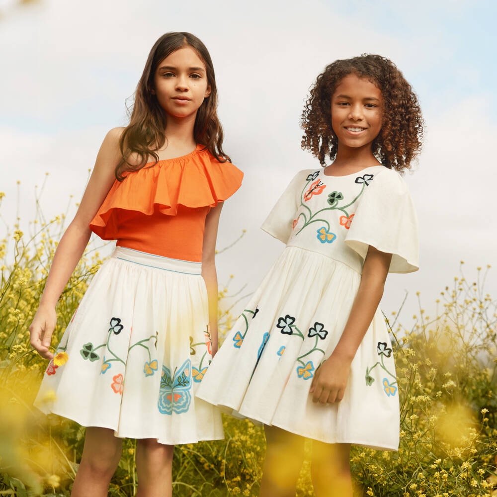 Molo-Girls Ivory Cotton Dress with Embroidered Butterflies | Childrensalon Outlet