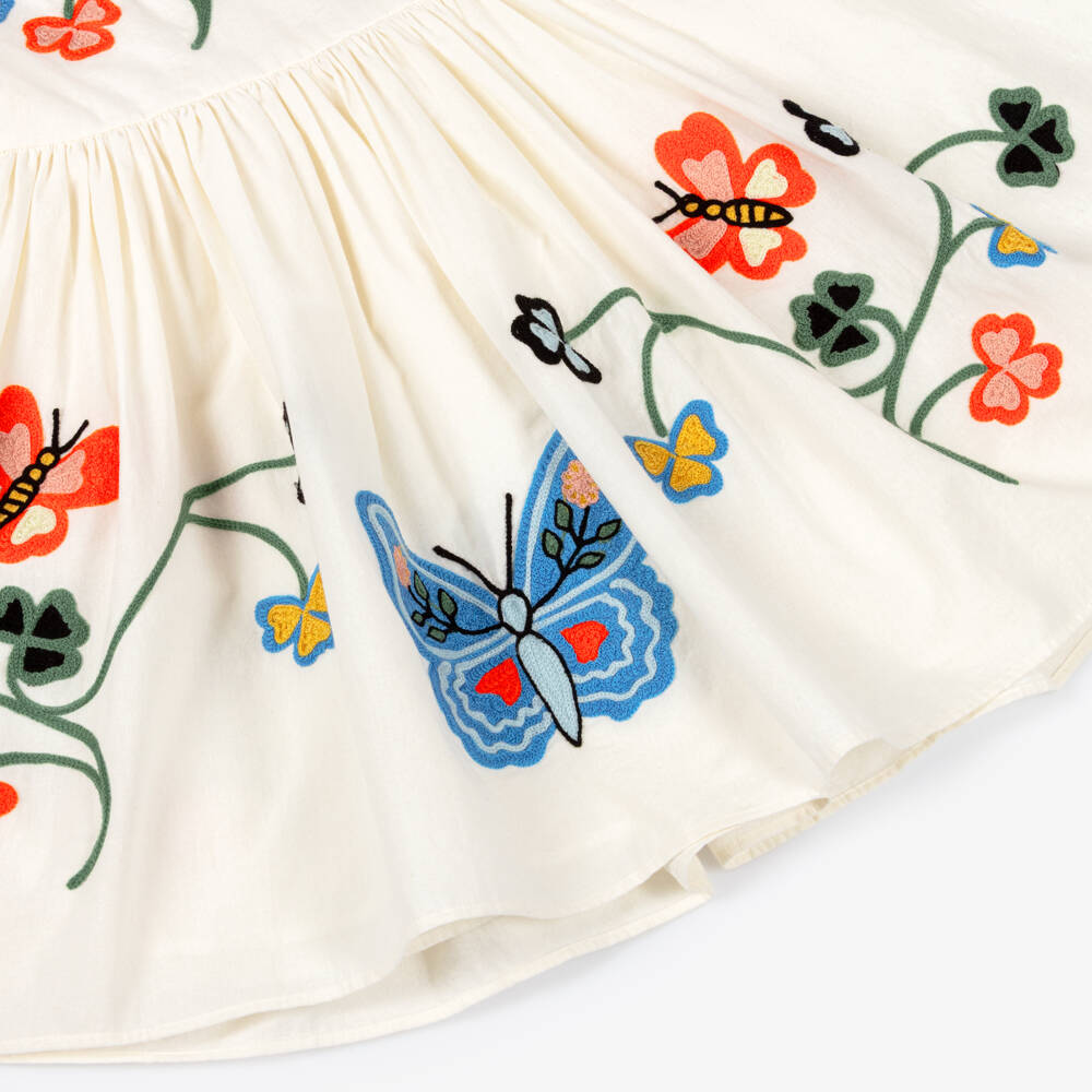 Molo-Girls Ivory Cotton Dress with Embroidered Butterflies | Childrensalon Outlet