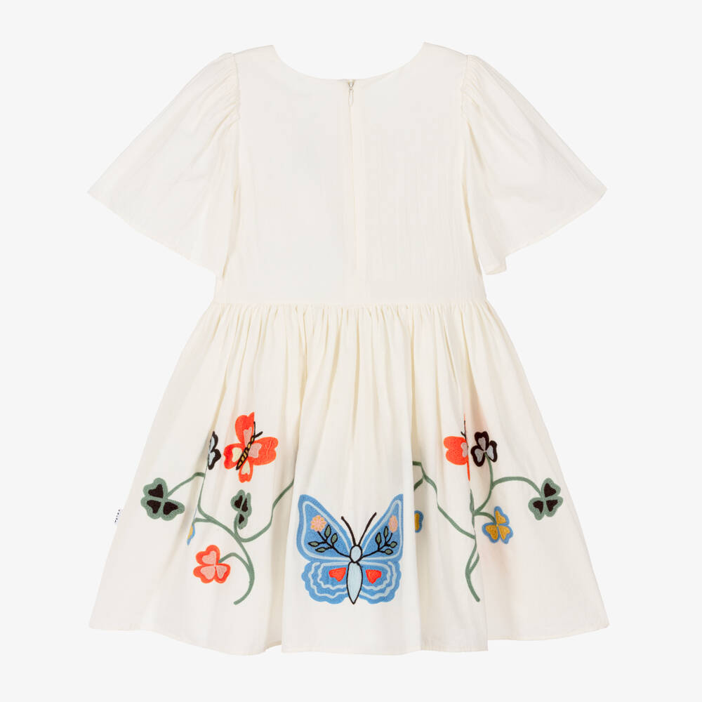 Molo-Girls Ivory Cotton Dress with Embroidered Butterflies | Childrensalon Outlet