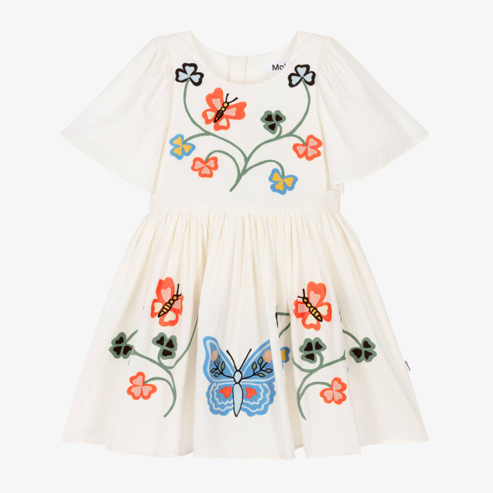 Molo-Girls Ivory Cotton Dress with Embroidered Butterflies | Childrensalon Outlet