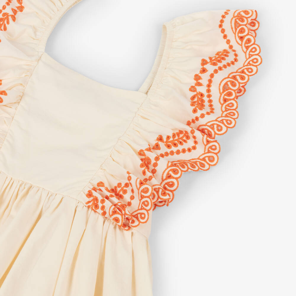 Molo-Girls Ivory Cotton Dress with Orange Embroidery | Childrensalon Outlet