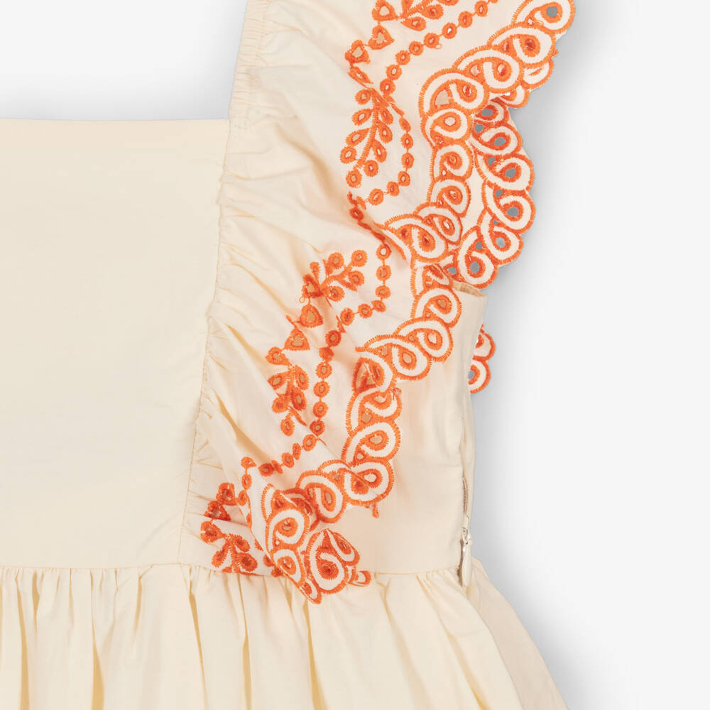 Molo-Girls Ivory Cotton Dress with Orange Embroidery | Childrensalon Outlet