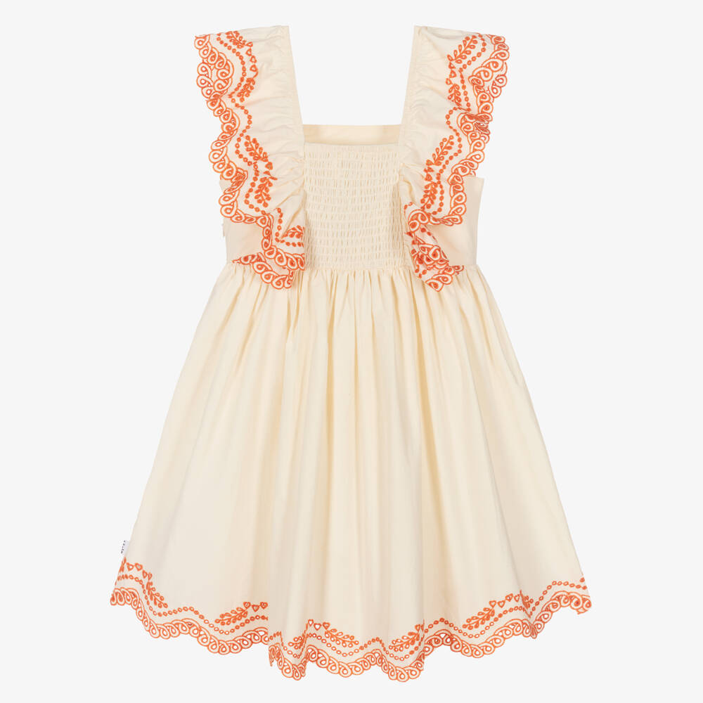 Molo-Girls Ivory Cotton Dress with Orange Embroidery | Childrensalon Outlet
