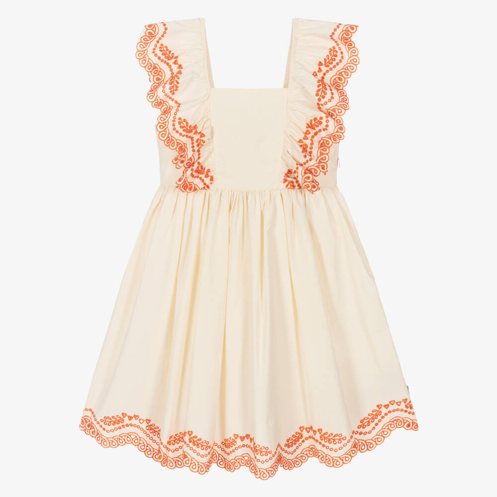 Molo-Girls Ivory Cotton Dress with Orange Embroidery | Childrensalon Outlet