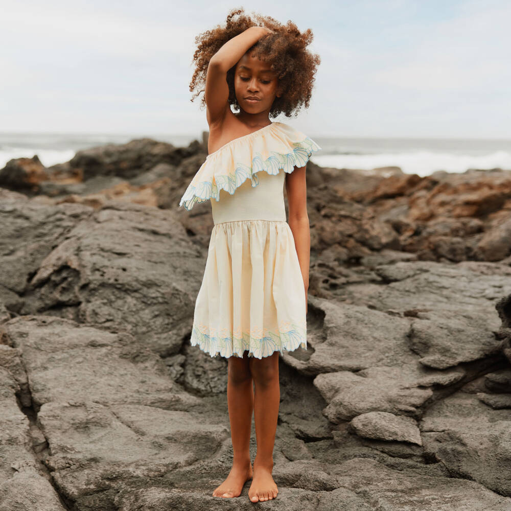 Molo-Girls Ivory Cotton Dress with Seashell Embroidery | Childrensalon Outlet