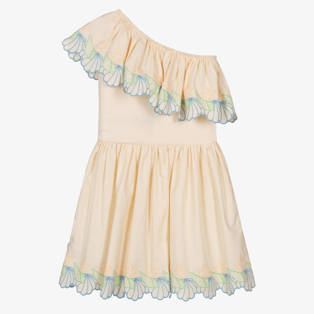 Molo-Girls Ivory Cotton Dress with Seashell Embroidery | Childrensalon Outlet