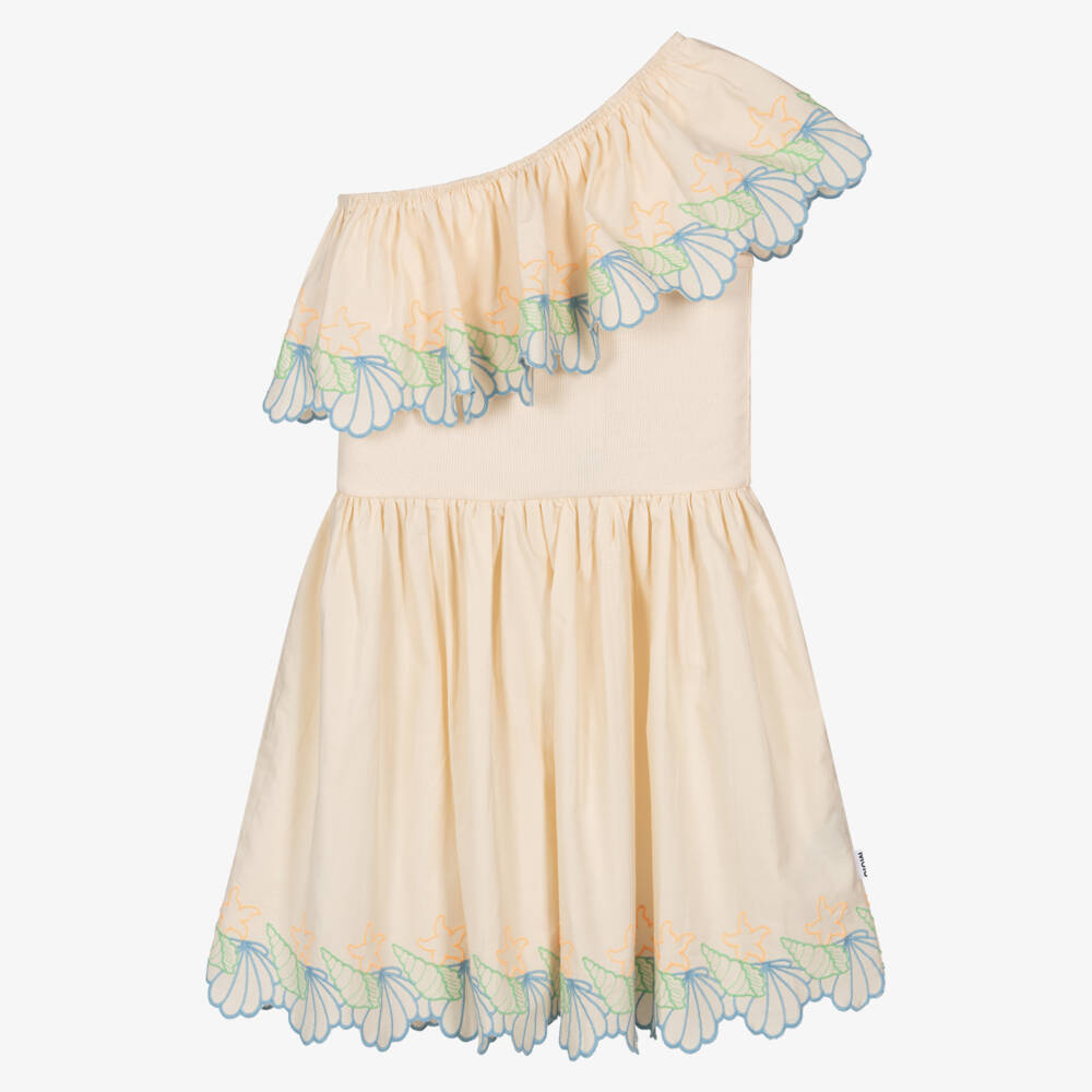 Molo-Girls Ivory Cotton Dress with Seashell Embroidery | Childrensalon Outlet