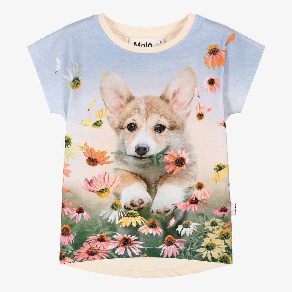 Molo - T-shirt ivoire en coton à fleurs et chiot fille | Childrensalon