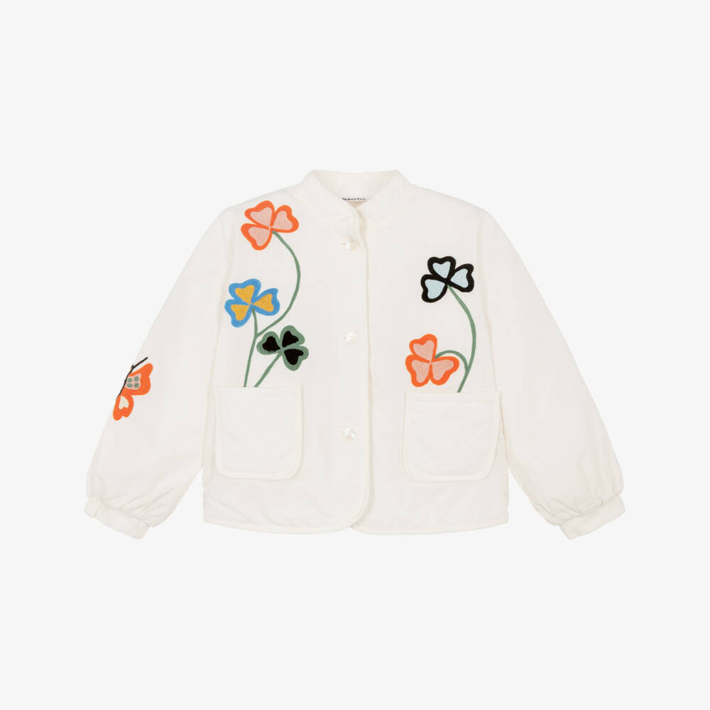 Molo-Girls Ivory Cotton Jacket with Embroidered Flowers | Childrensalon Outlet