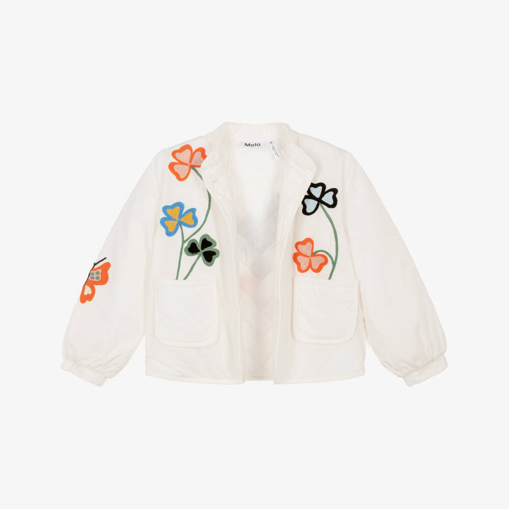Molo-Girls Ivory Cotton Jacket with Embroidered Flowers | Childrensalon Outlet