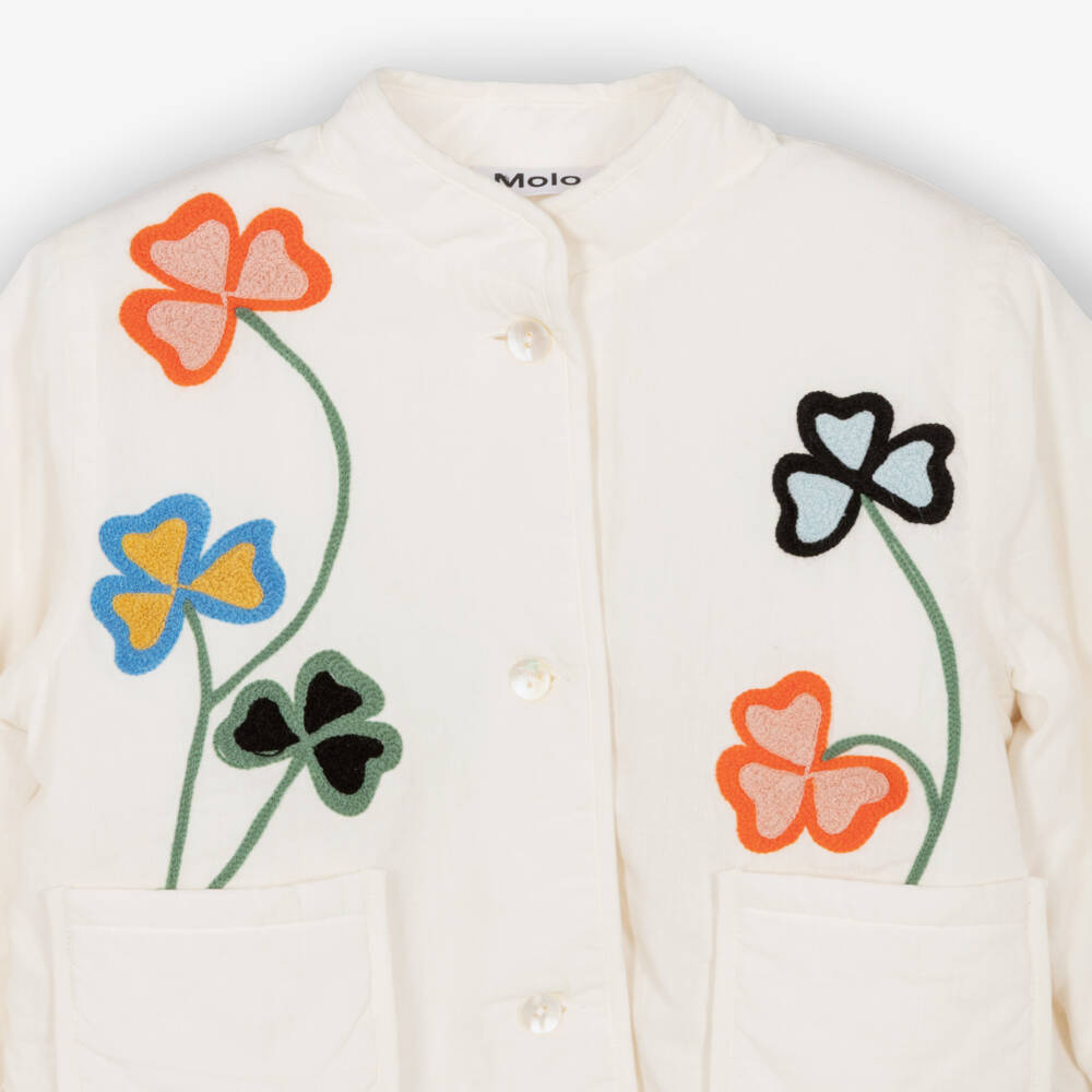 Molo-Girls Ivory Cotton Jacket with Embroidered Flowers | Childrensalon Outlet