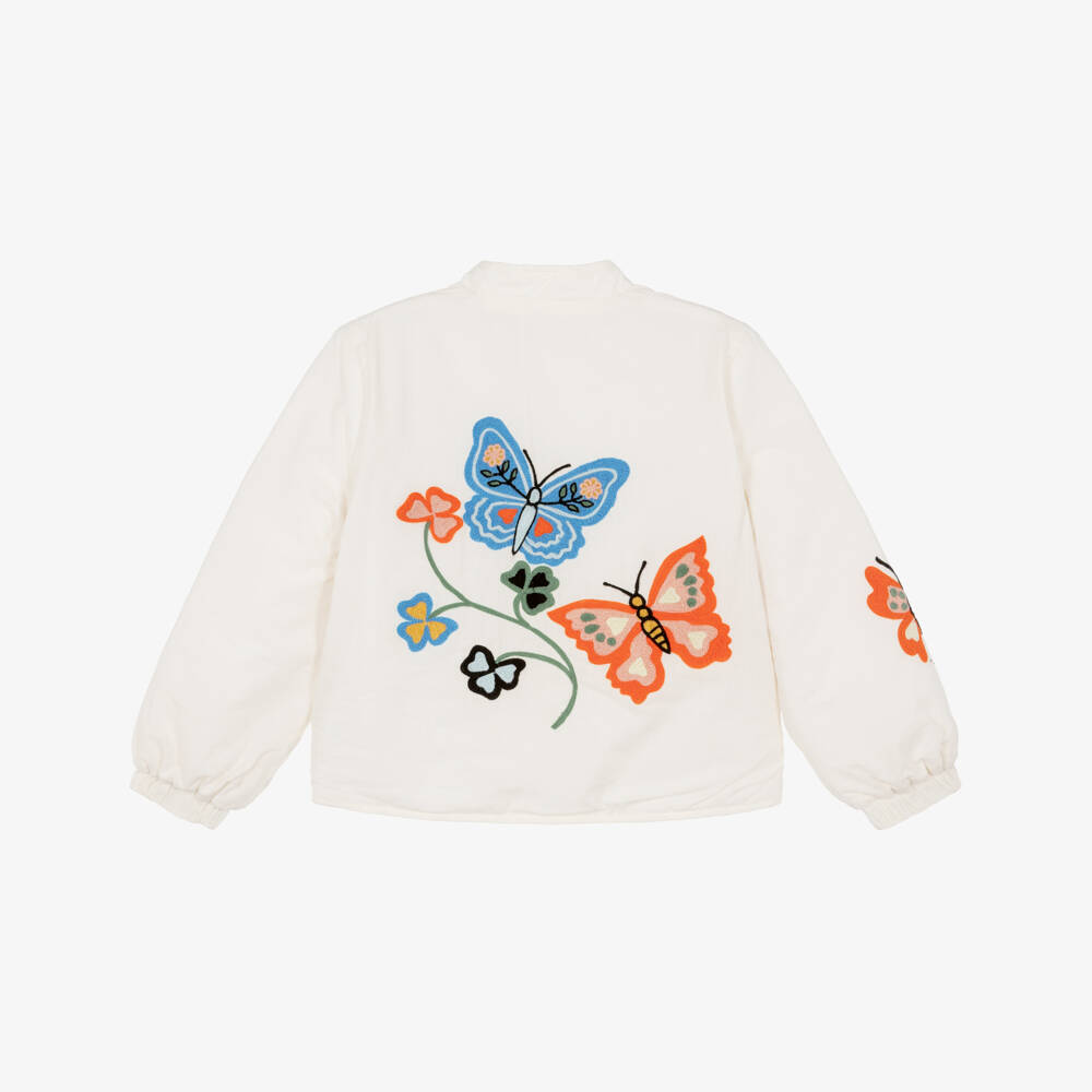Molo-Girls Ivory Cotton Jacket with Embroidered Flowers | Childrensalon Outlet