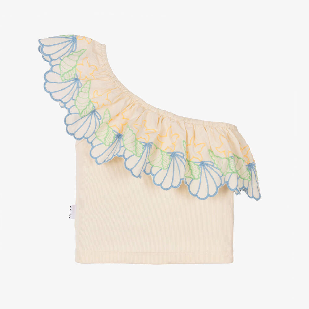 Molo-Girls Ivory Cotton One Shoulder Top with Seashell Embroidery | Childrensalon Outlet