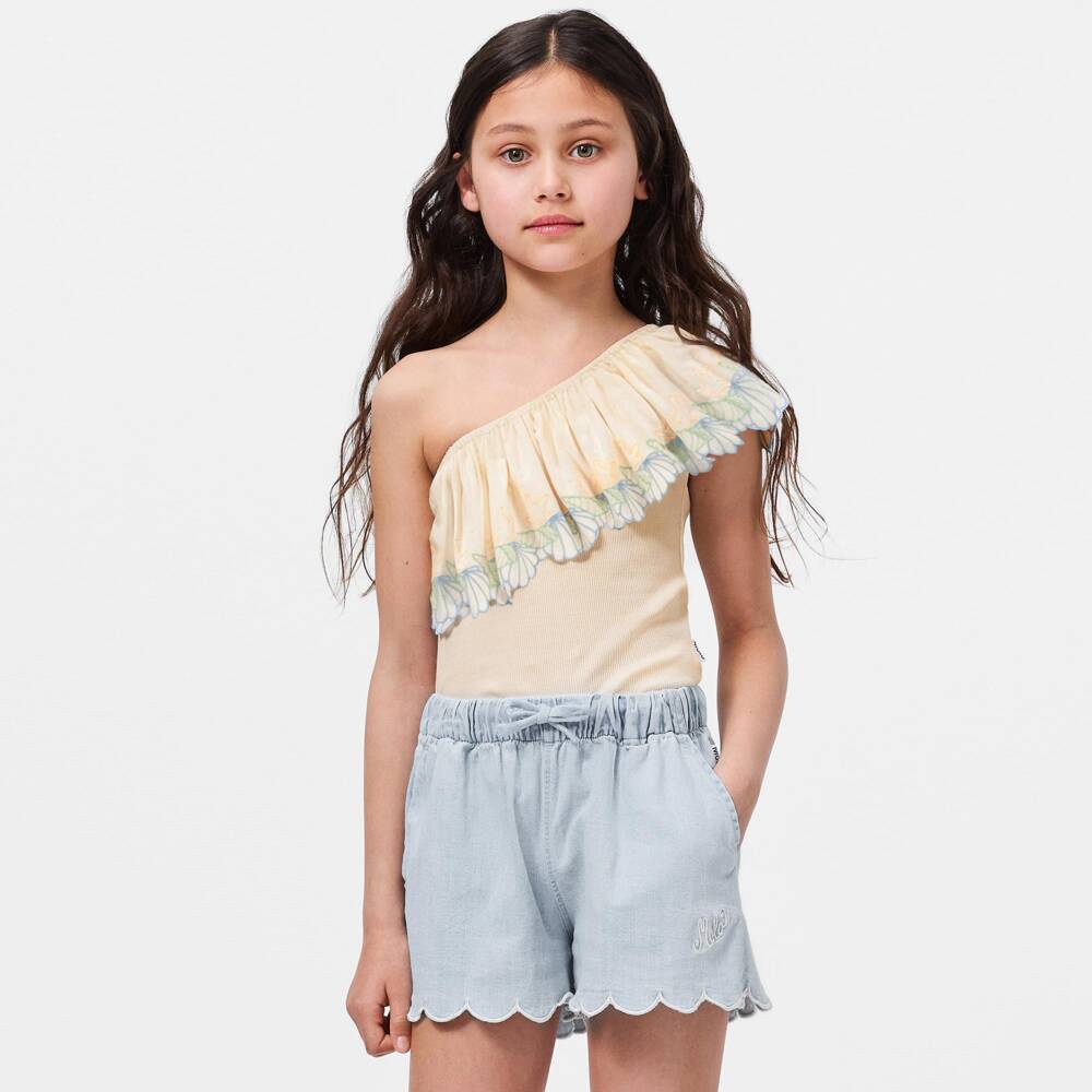 Molo-Girls Ivory Cotton One Shoulder Top with Seashell Embroidery | Childrensalon Outlet
