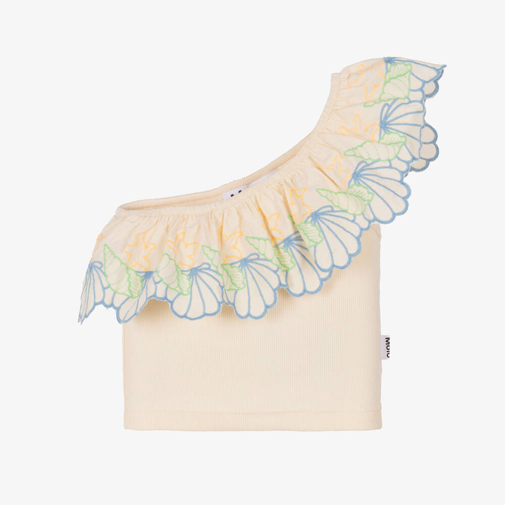 Molo-Girls Ivory Cotton One Shoulder Top with Seashell Embroidery | Childrensalon Outlet