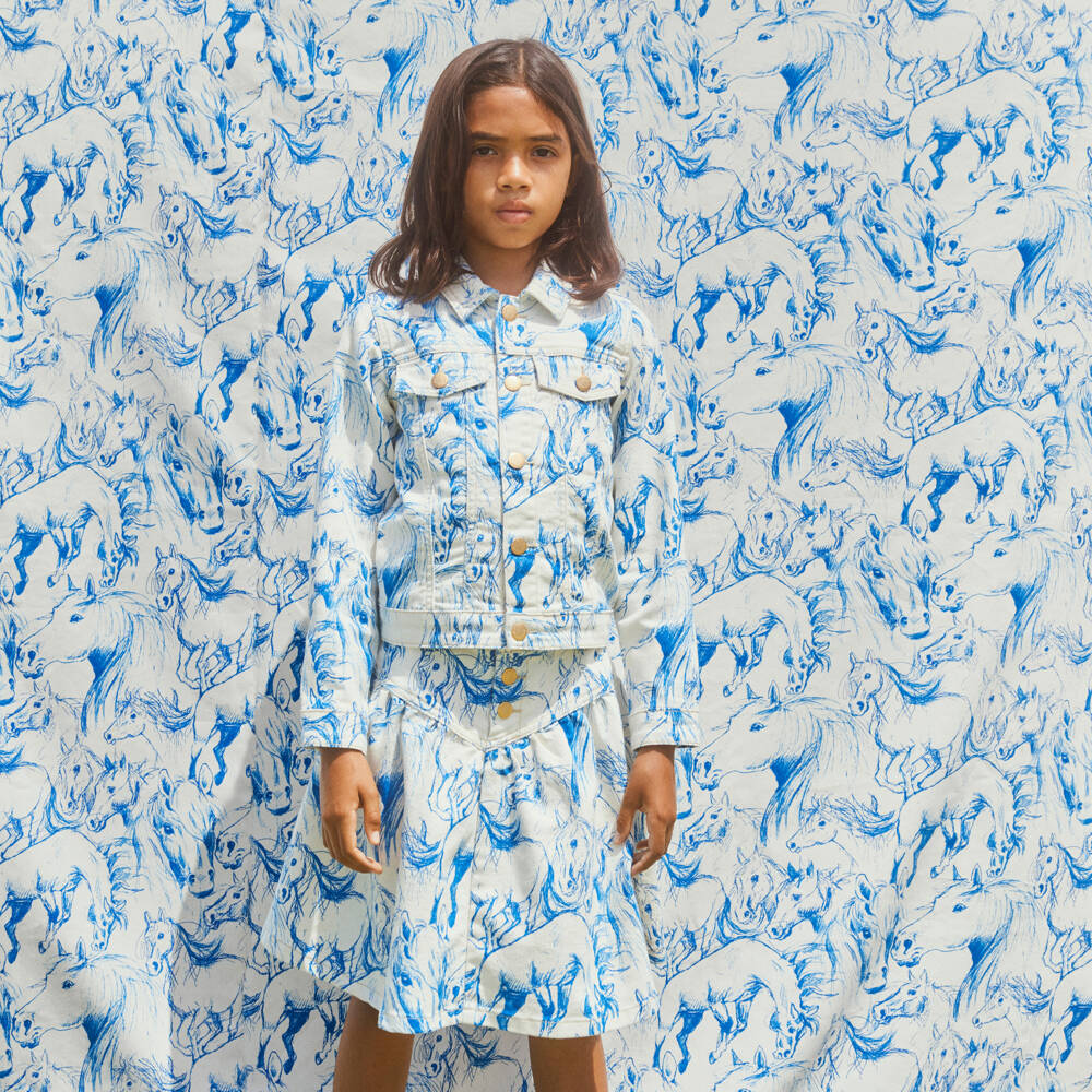 Molo-Girls Ivory Denim Horses Jacket | Childrensalon Outlet