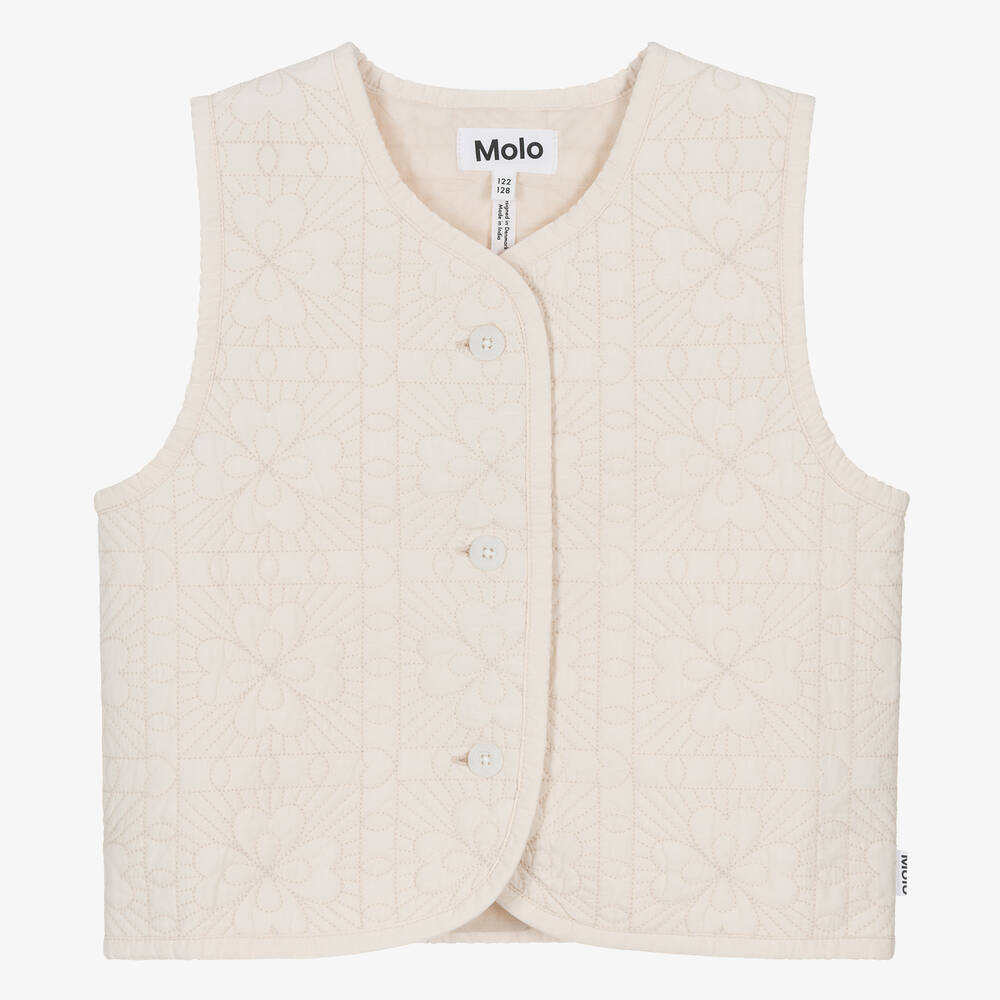 Molo-Girls Ivory Embroidered Floral Cotton Gilet  | Childrensalon Outlet